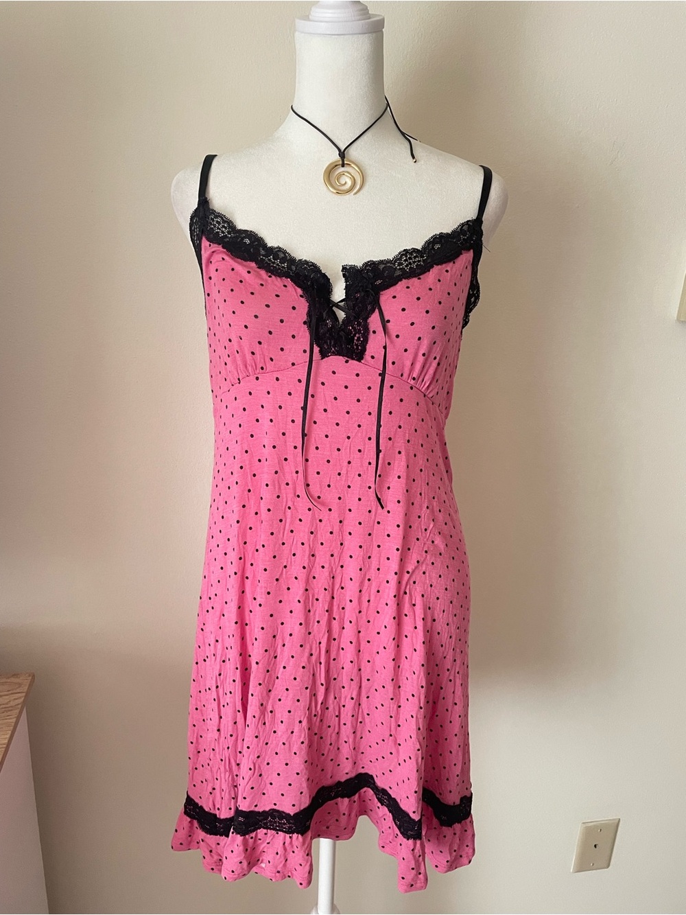 LALA Sleepwear Y2K Style Babydoll Lingerie Slip Dress Polka Dot Lace Trim Large
